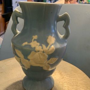 Vintage  Weller Pottery  Blue Vase  with  White Rose